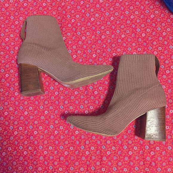 Steven New York Nichol Knit Bootie Ribbed Sock Boot Pull On Block Heel Chocolate - Picture 10 of 11